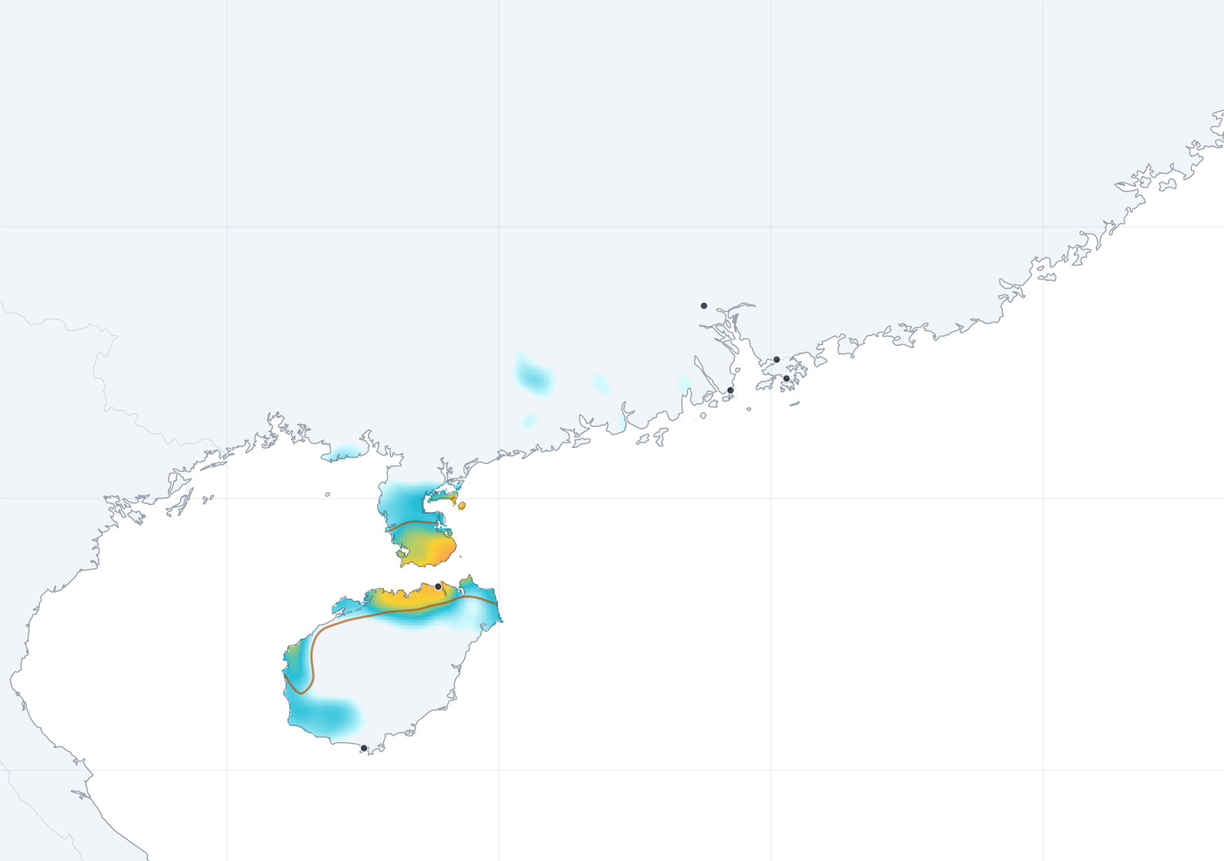 Hagupit 2008 flash-flood zones, historical versus warming ensemble.