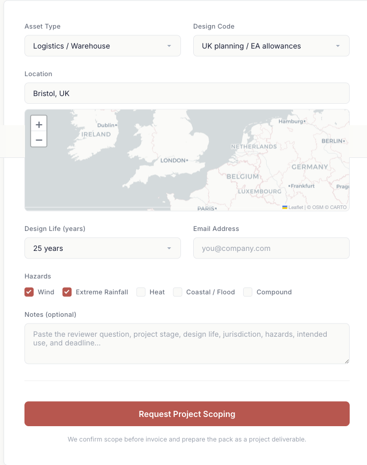 Edgion Climate Evidence Pack: project-scoping interface with asset type, design code, location map, design life, and climate hazards.