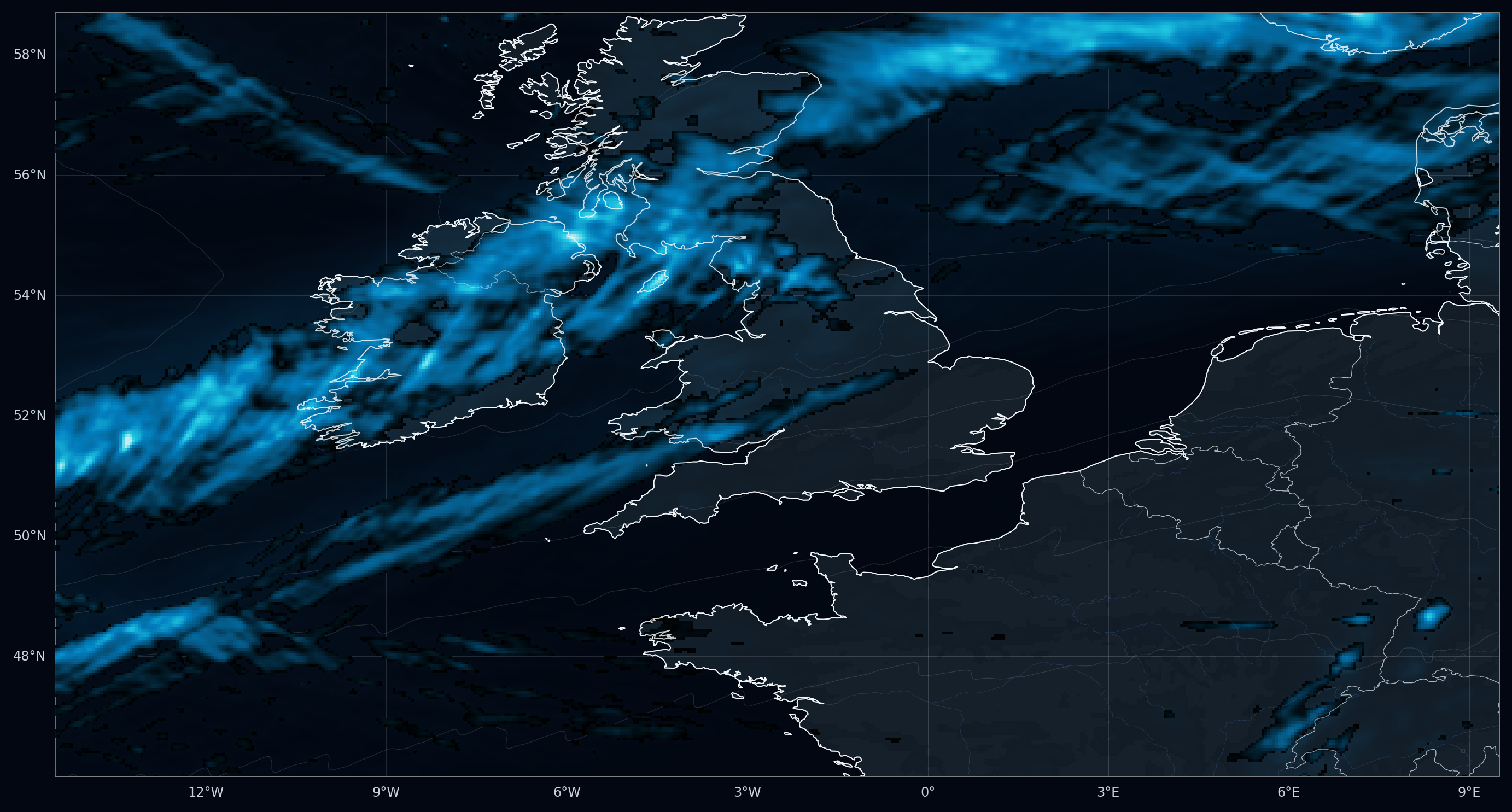 Storm Eunice 48 hour rainfall change footprint, warming storyline minus historical: blue colours mark where 48 h rainfall increases, up to +36 mm and a 15% rise in the rain maximum.