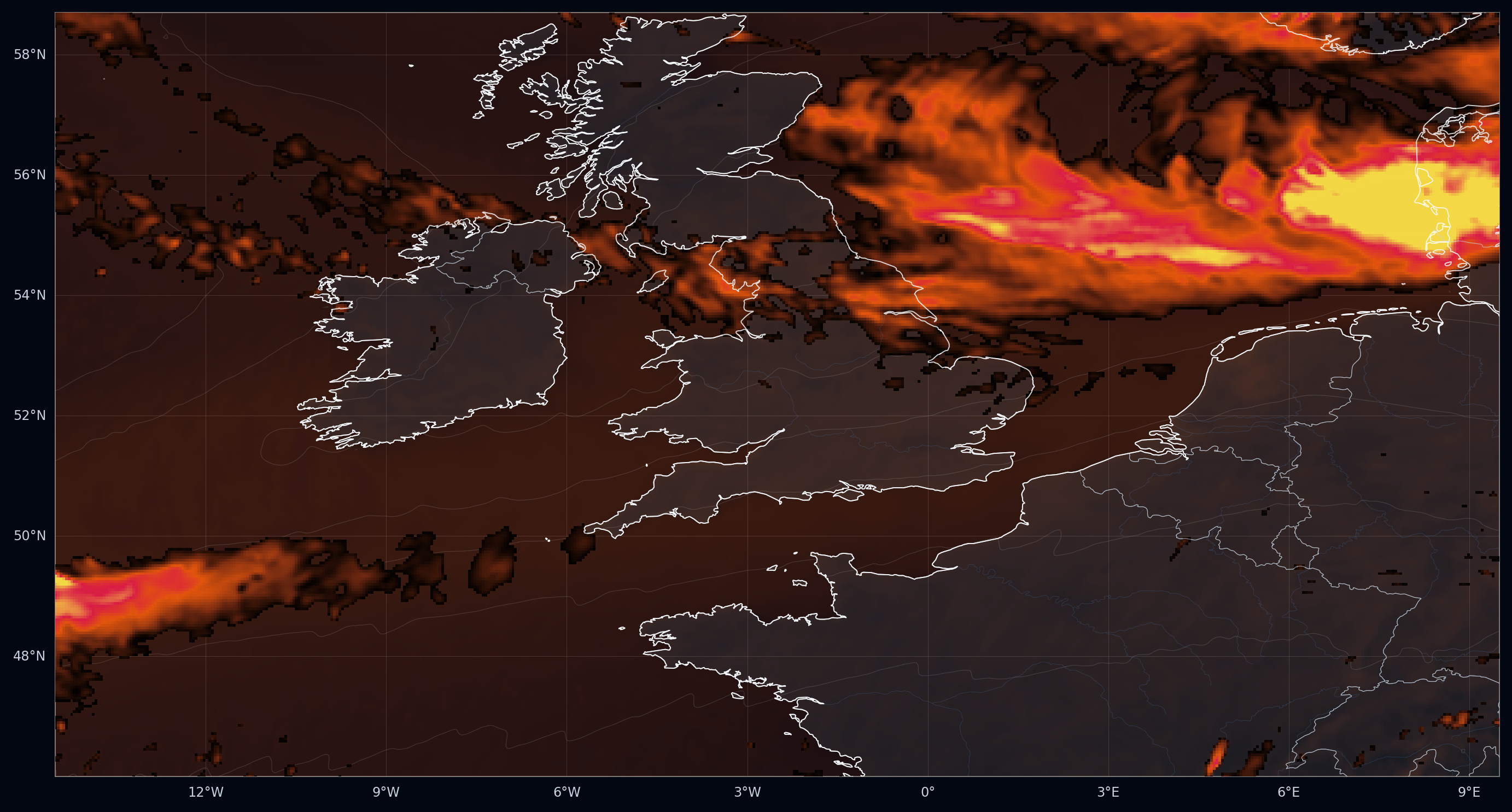 Storm Eunice peak 10 m wind change footprint, warming storyline minus historical: warm colours mark where peak wind increases, up to +13.2 m/s.
